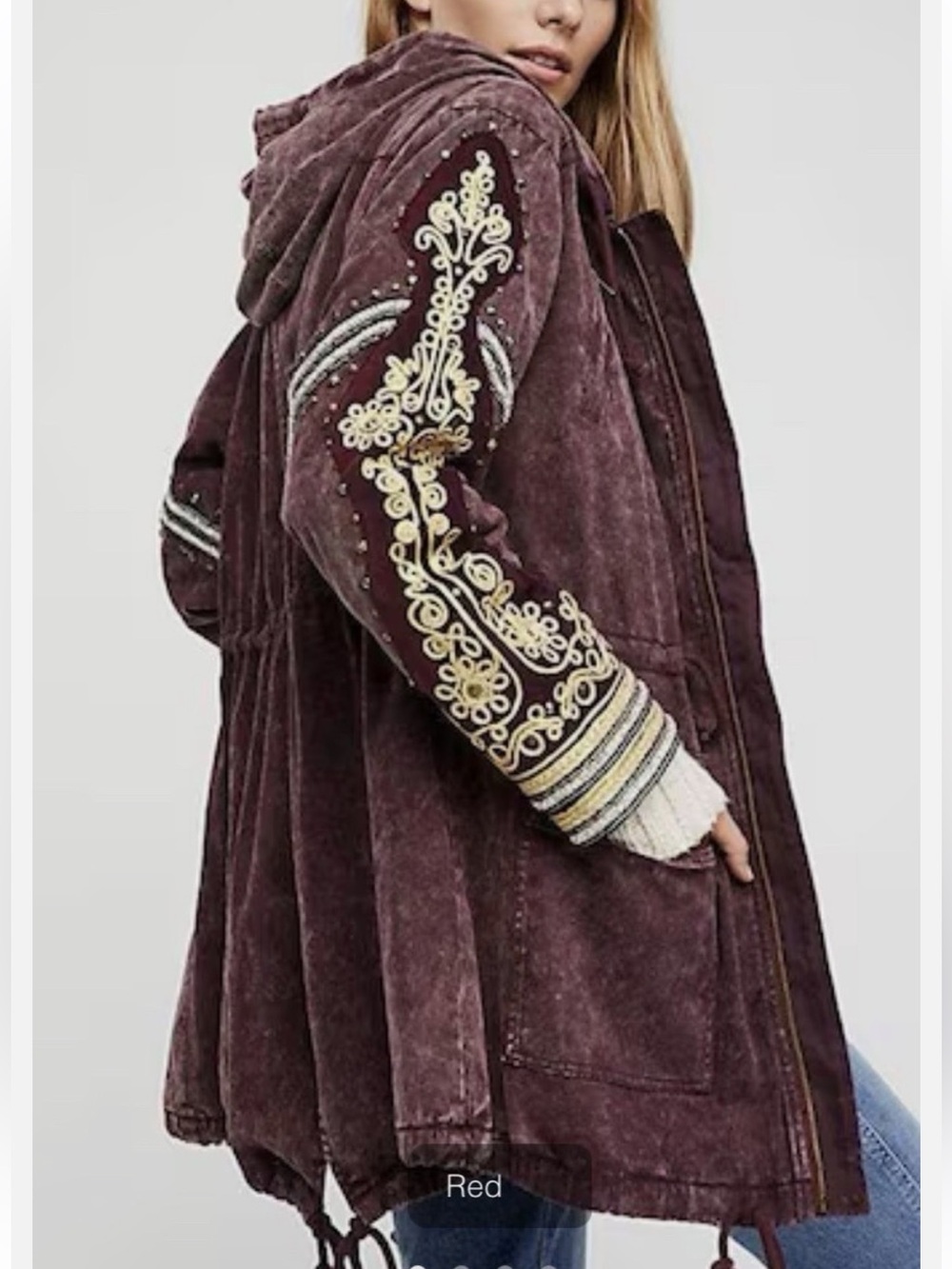 Free People Golden Quills Military Parka Jacket Size S Boho Merlot Burgundy - Picture 2 of 14